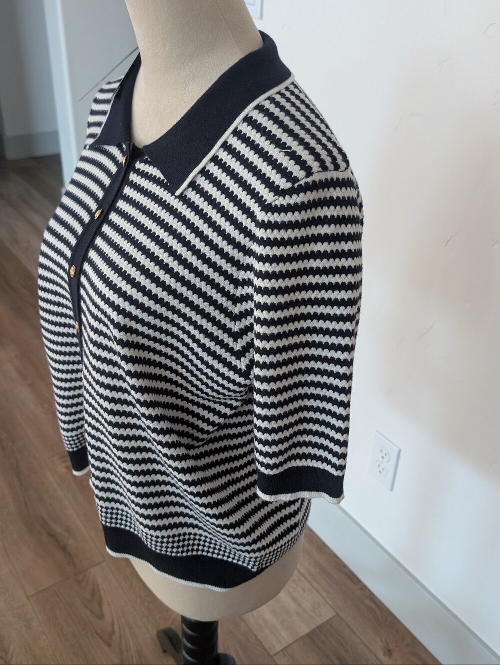 Adrianna Papell Navy and Ivory Striped Short Sleeve Cardigan - Picture 2 of 11
